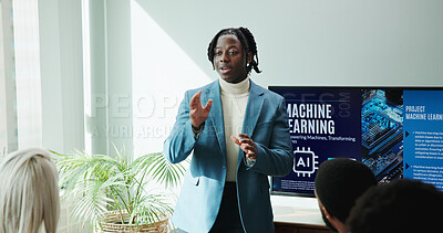 Buy stock photo Businessman, talking and presentation of idea in conference room for ai innovation or machine learning. Speaker, meeting or pitch proposal to group for computer science, tech or development in office