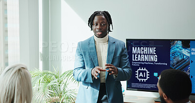 Buy stock photo Business man, screen and machine learning presentation for new innovation, idea and ai product promotion. Speaker, office and pitch proposal to team for equity funding or tech investment workshop
