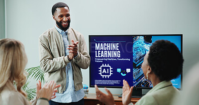 Buy stock photo Man, presentation and screen for workshop with applause, speech and employee engagement. Data analyst, seminar and clapping hands with speaker, AI training or briefing for advice for machine learning