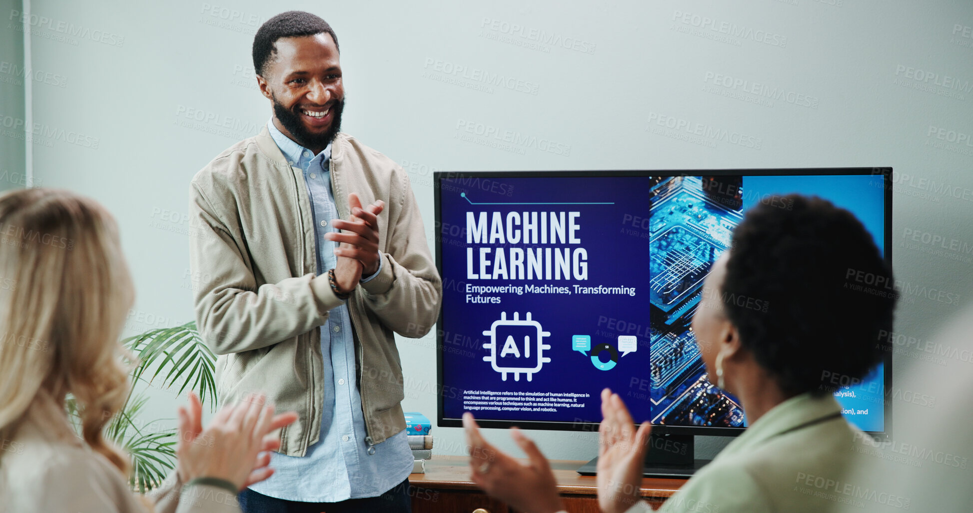 Buy stock photo Man, presentation and screen for workshop with applause, speech and employee engagement. Data analyst, seminar and clapping hands with speaker, AI training or briefing for advice for machine learning