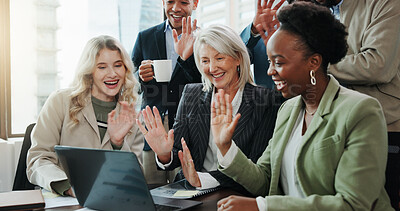 Buy stock photo Business people, laptop and wave for video call, collaboration and webinar in office. Hello, team and technology for online seminar, virtual meeting and introduction for international networking