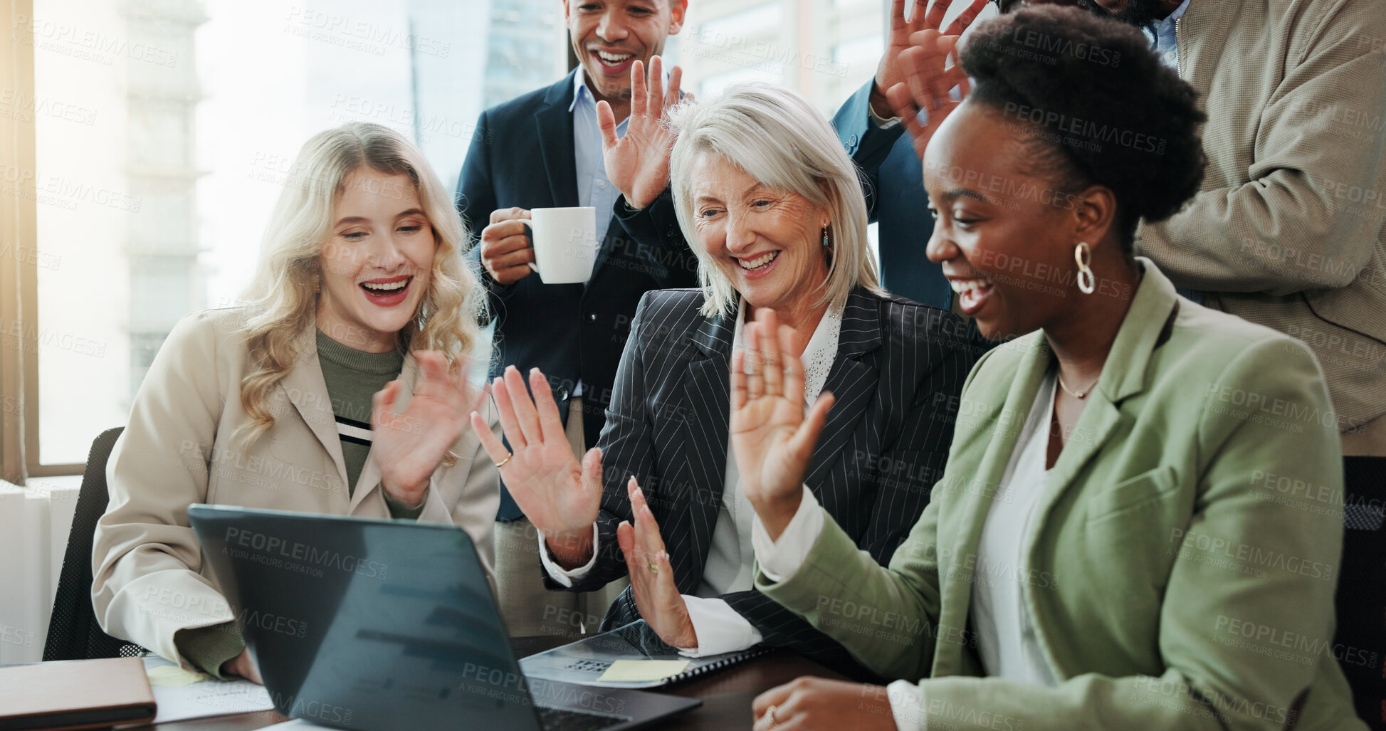 Buy stock photo Business people, laptop and wave for video call, collaboration and webinar in office. Hello, team and technology for online seminar, virtual meeting and introduction for international networking