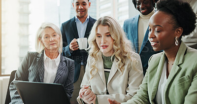 Buy stock photo Business people, laptop and smile for video call, collaboration and webinar in office. Hello, team and technology for online seminar, virtual meeting and introduction for international networking