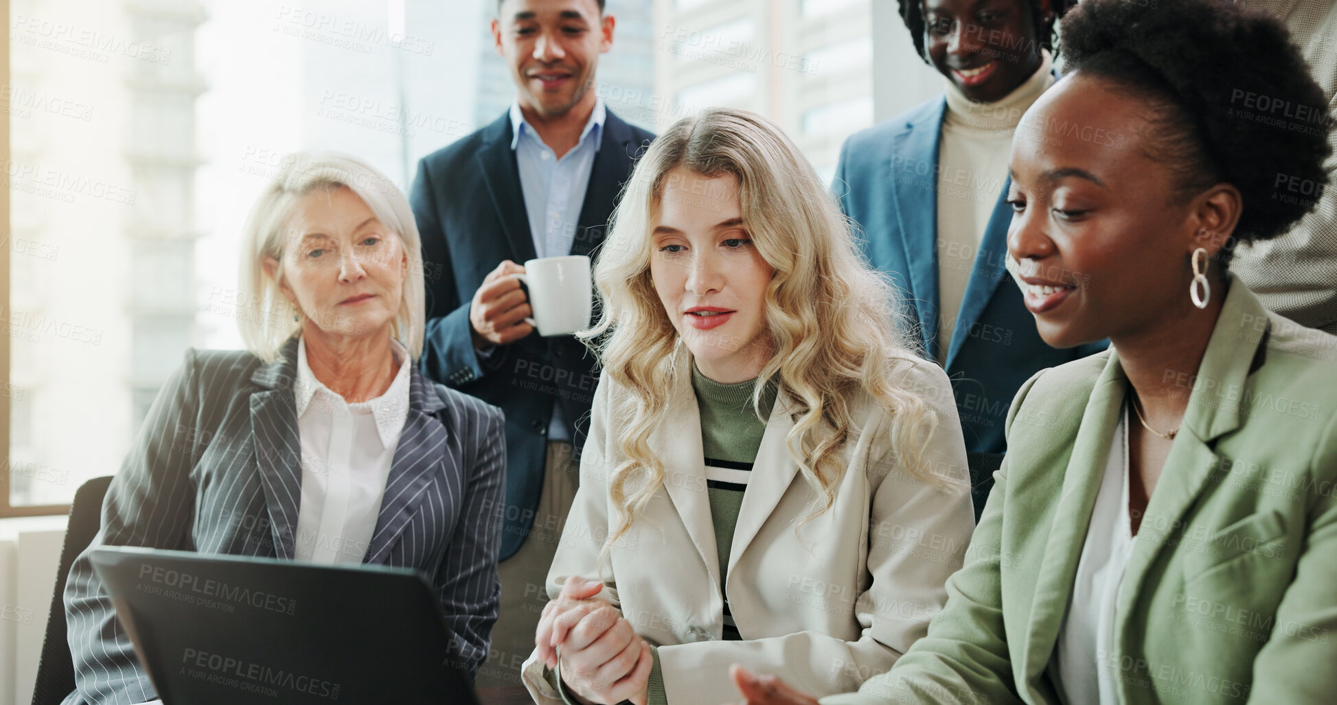 Buy stock photo Business people, laptop and smile for video call, collaboration and webinar in office. Hello, team and technology for online seminar, virtual meeting and introduction for international networking