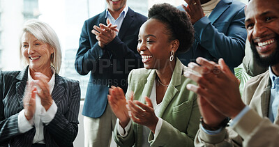 Buy stock photo Business, people and audience with applause in seminar for company excellence, recognition or celebration. Financial conference, employees and clapping hands for finance growth, good news and support