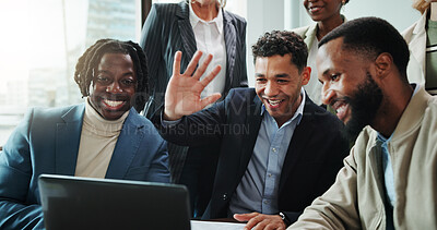 Buy stock photo Business people, laptop and wave for video conference, collaboration and webinar in office. Discussion, team and tech for online seminar, virtual meeting or introduction for international network