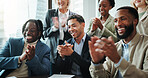 Business, people and audience with applause in meeting for company success, excellence and celebration. Financial conference, team and clapping hands for sales growth, good news and pride for target