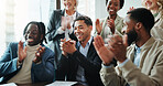Business, people and celebration with applause in meeting for employee promotion, recognition and achievement. Financial conference, clapping hands and support for finance bonus, good news and growth