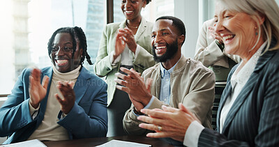 Buy stock photo Business, people and celebration with applause in seminar for employee promotion, recognition and achievement. Financial presentation, clapping hands and support for good news and congratulations
