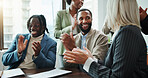 Business, people and team with applause in seminar for company recognition, sales excellence and achievement. Financial conference, employees and celebration for finance growth and positive feedback