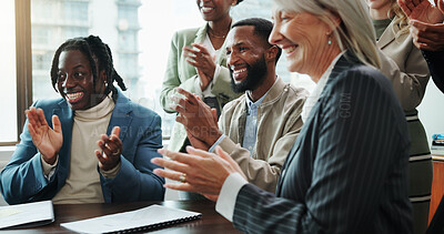 Buy stock photo Business, people and happy with applause in seminar for company excellence, recognition and celebration. Financial conference, employees and clapping hands for finance growth, good news and support
