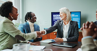 Buy stock photo Business, people and handshake in presentation for success of B2B onboarding, machine learning deal or contract. Data scientist, office and shaking hands with training coach for AI system development
