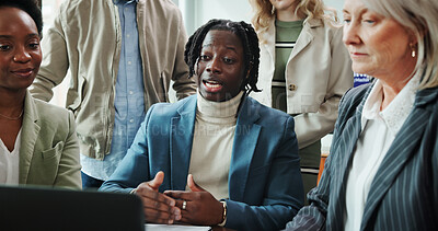 Buy stock photo Businessman, laptop and presentation for video conference, collaboration and webinar in office. Discussion, team and tech for online seminar, virtual meeting or introduction for international network