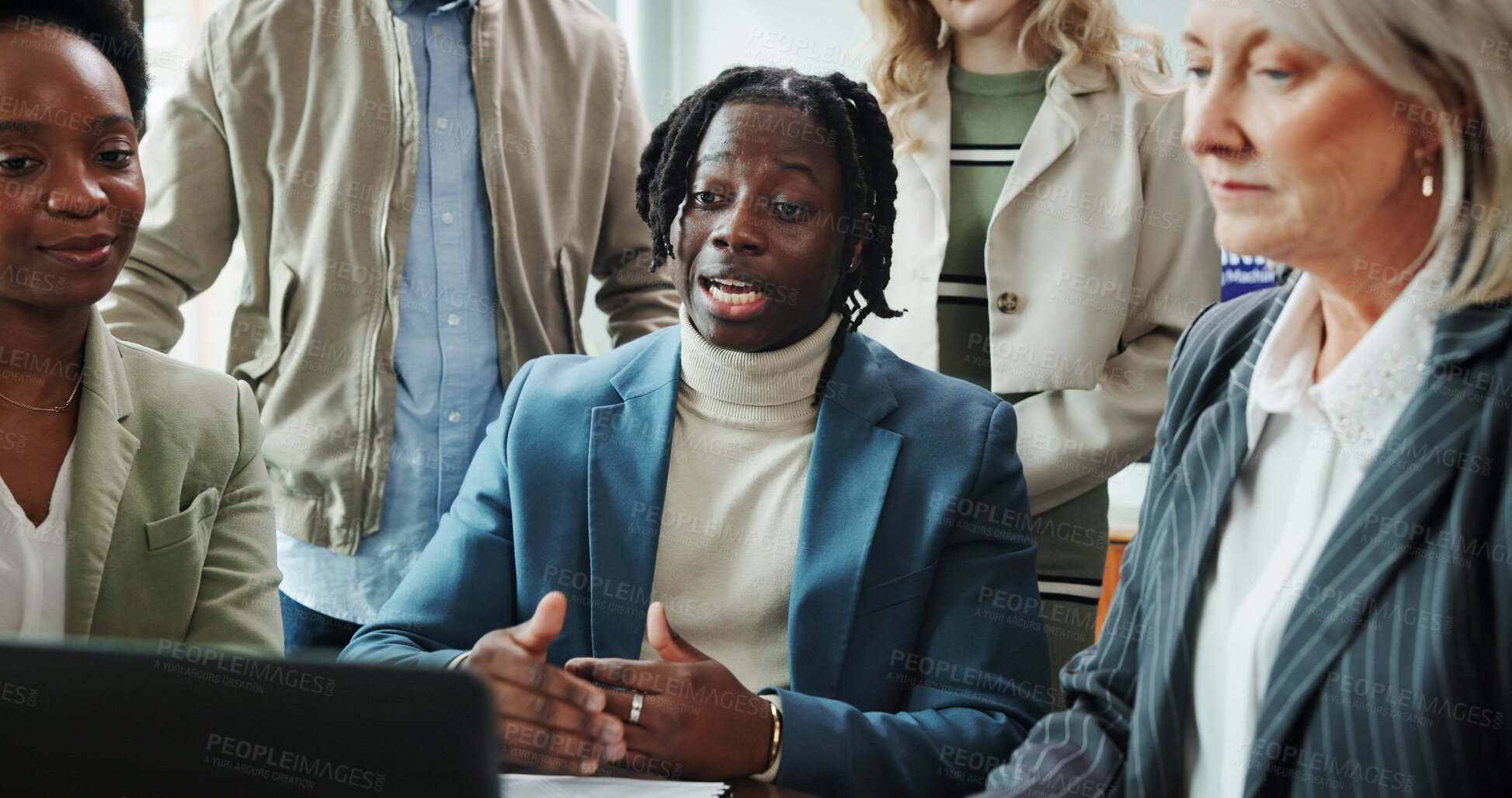 Buy stock photo Businessman, laptop and presentation for video conference, collaboration and webinar in office. Discussion, team and tech for online seminar, virtual meeting or introduction for international network