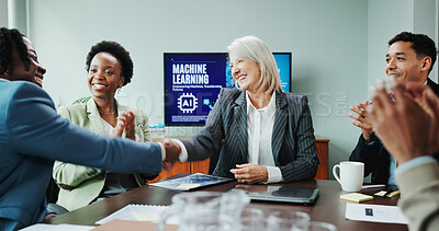 Buy stock photo Business, people or handshake with celebration in meeting for hiring deal, machine learning seminar or applause. Data scientist, welcome or shaking hands with training coach for ai system development