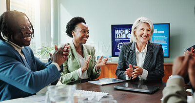 Buy stock photo Woman, presentation and applause for meeting with workshop, speech and employee engagement. Data analyst, seminar and clapping hands with speaker, AI training and proposal for machine learning