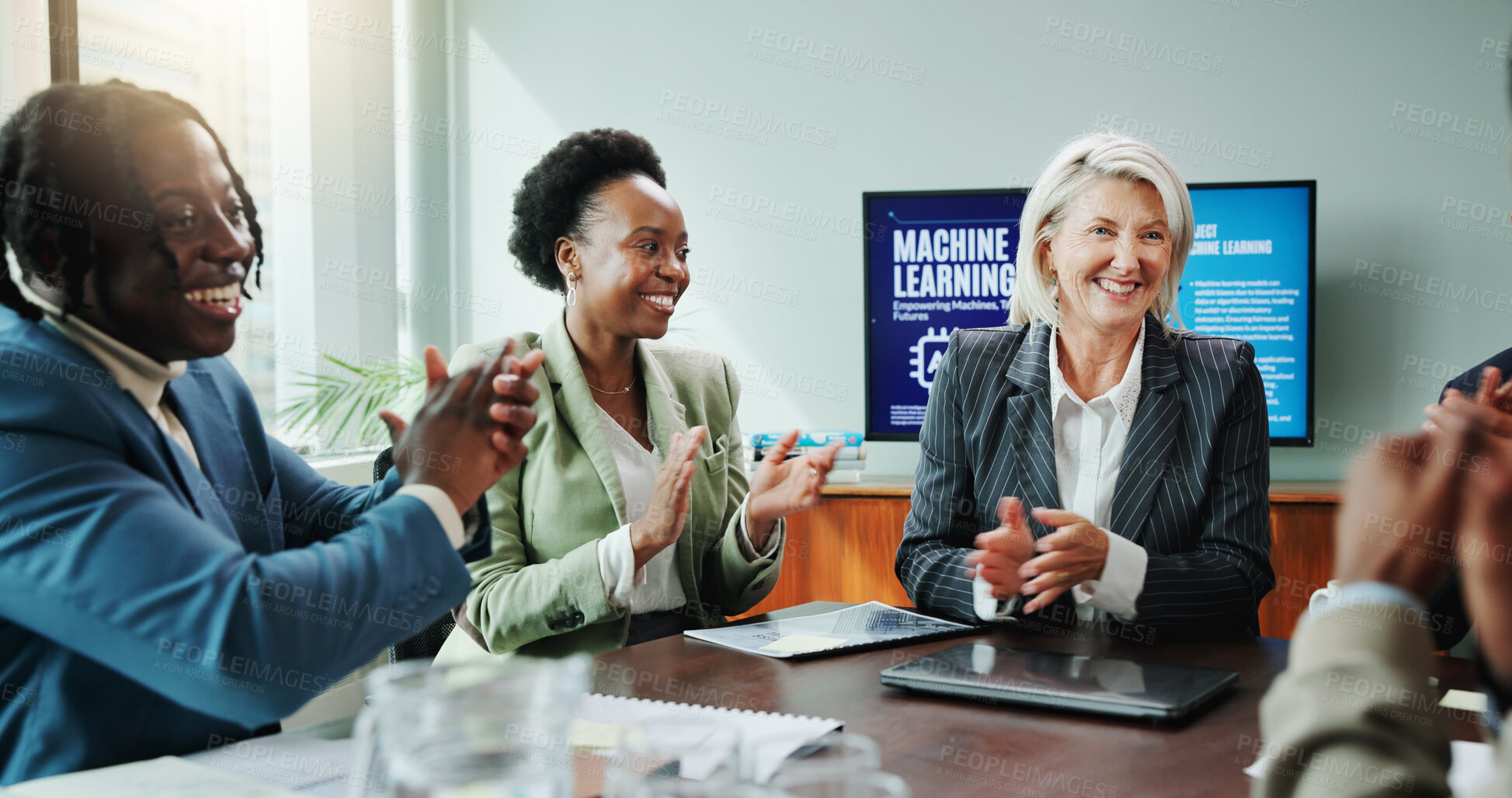 Buy stock photo Woman, presentation and applause for meeting with workshop, speech and employee engagement. Data analyst, seminar and clapping hands with speaker, AI training and proposal for machine learning