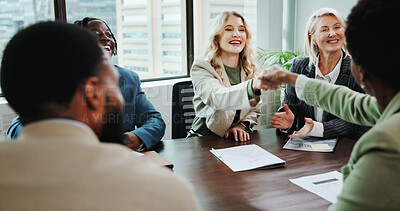 Buy stock photo Business, people and handshake in meeting for success of b2b onboarding, contract deal and corporate offer. Professional employees, happy and shaking hands with training coach for skills development