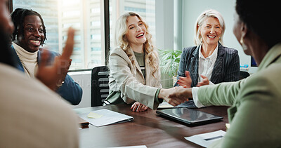 Buy stock photo Business, people and handshake with applause in meeting for b2b onboarding, welcome offer and partnership. Corporate employees, happy and shaking hands in presentation for negotiation deal or success