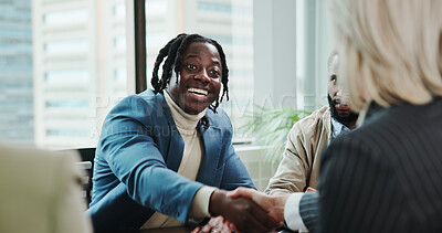 Buy stock photo Business, man and handshake with partnership in meeting for finance deal, welcome offer and contract agreement. Financial analyst, happy and shaking hands in office for negotiation, success or hiring