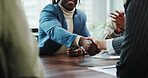 Business, people and shaking hands with applause in meeting for b2b onboarding, contract deal and offer. Corporate employees, handshake and celebration in office for investment agreement and success