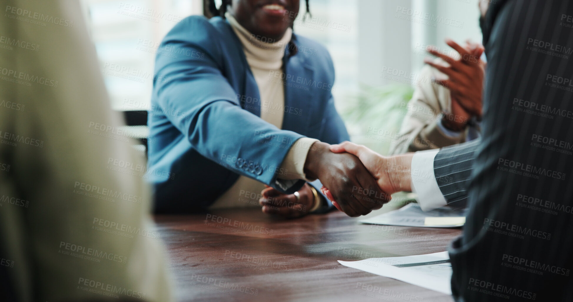 Buy stock photo Business, people and shaking hands with applause in meeting for b2b onboarding, contract deal and offer. Corporate employees, handshake and celebration in office for investment agreement and success