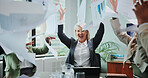 Celebration, paper throw and business people with documents for success, collaboration and excited. Goals, target and winner with happy employee team in workplace for deal, meeting or motivation