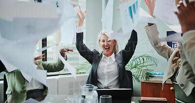 Buy stock photo Celebration, paper throw and business people with documents for success, collaboration and excited. Goals, target and winner with happy employee team in workplace for deal, meeting or motivation