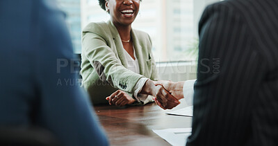 Buy stock photo Business, people and shaking hands for interview success in office for onboarding, contract deal and corporate offer. HR managers, happy candidate and handshake for hiring, welcome and partnership