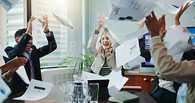 Buy stock photo Winner, paper throw and business people with documents for success, collaboration and applause. Goals, target and celebration with happy employee team in workplace for deal, meeting or motivation