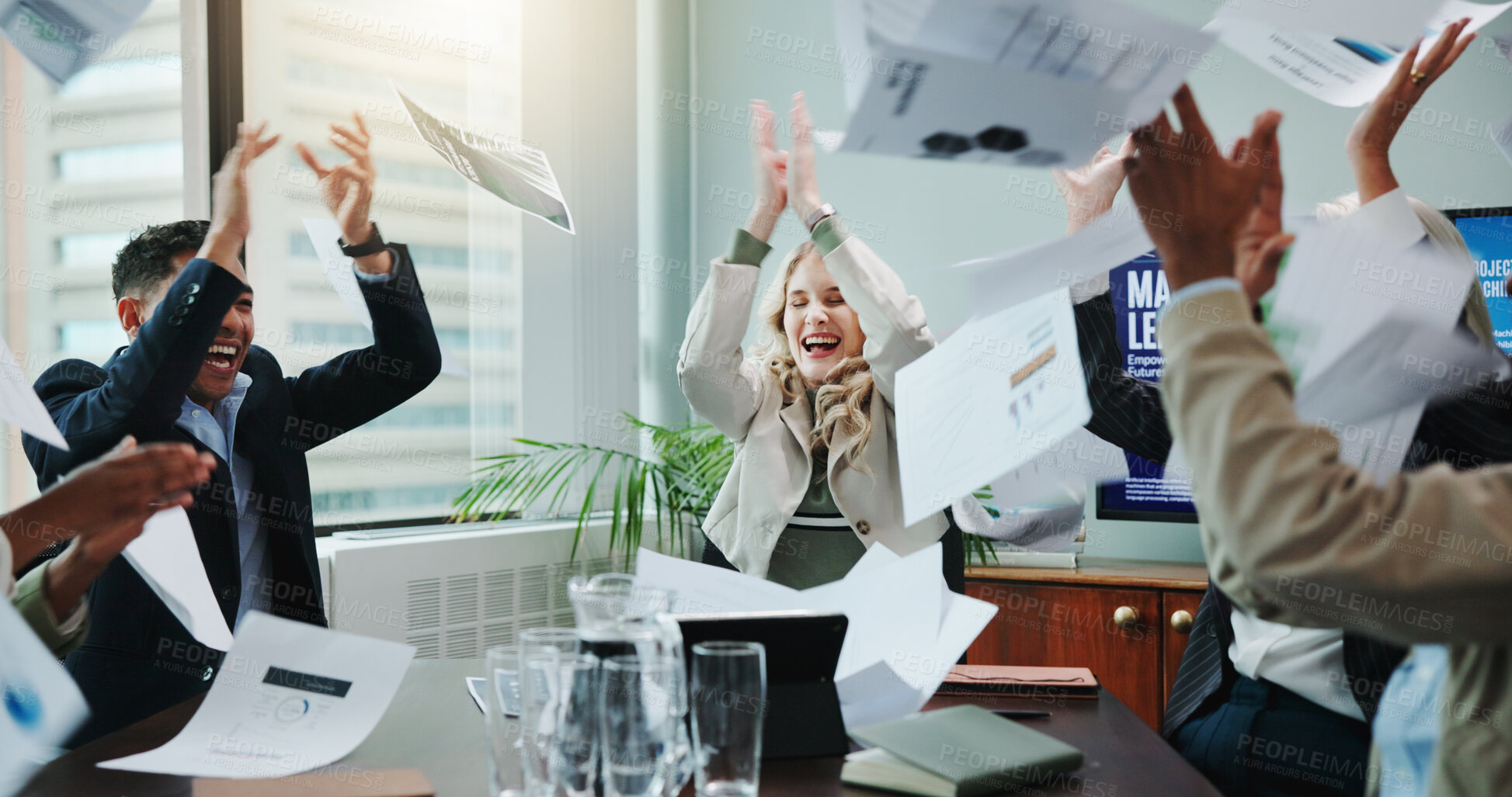 Buy stock photo Winner, paper throw and business people with documents for success, collaboration and applause. Goals, target and celebration with happy employee team in workplace for deal, meeting or motivation