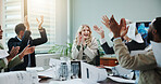 Applause, paper throw and business people with documents for success, collaboration and celebration. Goals, target and winner with happy employee team in workplace for deal, meeting or motivation