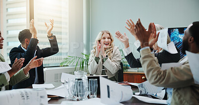 Buy stock photo Applause, paper throw and business people with documents for success, collaboration and celebration. Goals, target and winner with happy employee team in workplace for deal, meeting or motivation