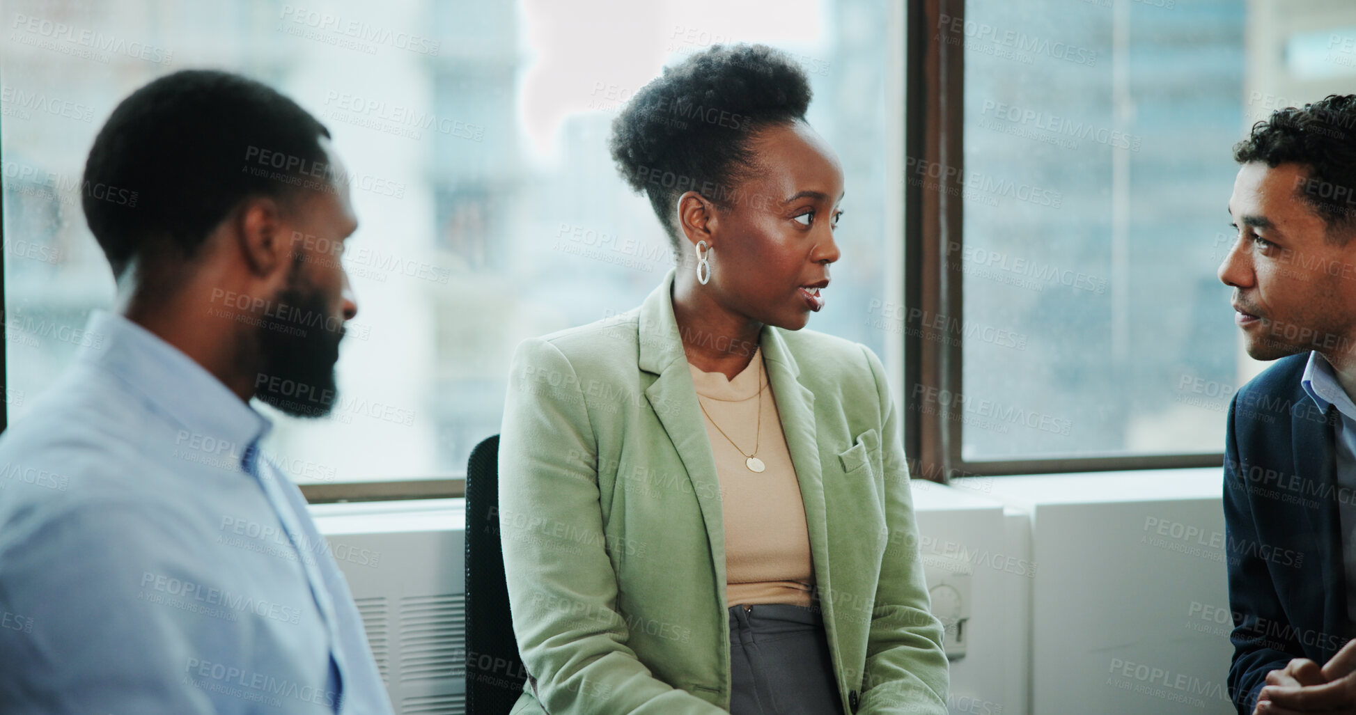 Buy stock photo Teamwork, talking and planning with business people in meeting for financial advisor, client feedback and discussion. Project briefing, collaboration and workshop with group of employees in office