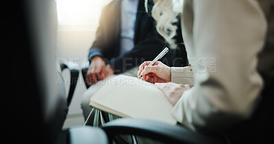 Buy stock photo Therapist, hands or writing with book in group meeting for support therapy session or counseling. People, hr or taking notes with team report for mental health, feedback or intervention at workplace