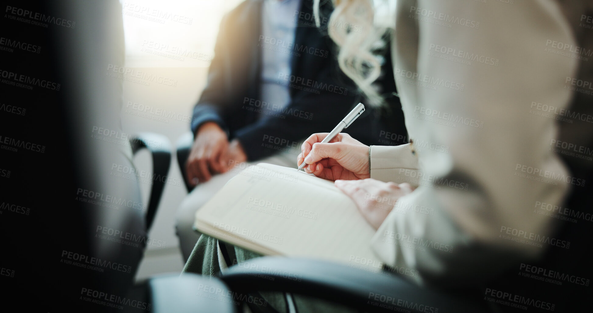 Buy stock photo Therapist, hands or writing with book in group meeting for support therapy session or counseling. People, hr or taking notes with team report for mental health, feedback or intervention at workplace