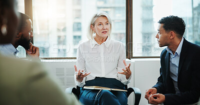 Buy stock photo Discussion, manager and business people in office for review, advice or feedback on company profit. Meeting, planning and team of finance advisors with supervisor for investment proposal in workplace