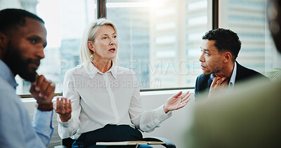 Buy stock photo Meeting, manager and business people in office for feedback, advice or review on company profit. Discussion, planning and team of finance advisors with supervisor for investment proposal in workplace