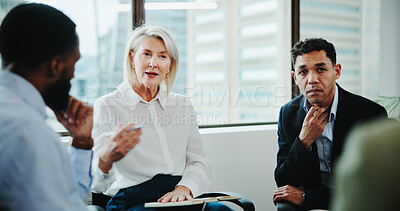 Buy stock photo Business people, therapist or meeting with discussion for mental health, recovery or rehabilitation. Counseling, team or employees with support group for work intervention or therapy session together