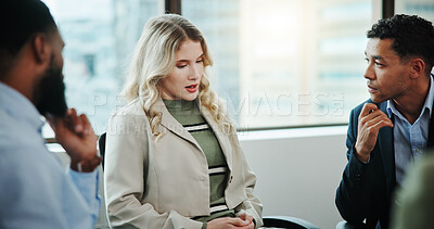 Buy stock photo Business people, meeting and discussion with team for mental health, recovery or rehabilitation. Counseling, colleagues or employees in support group for work intervention or therapy session together