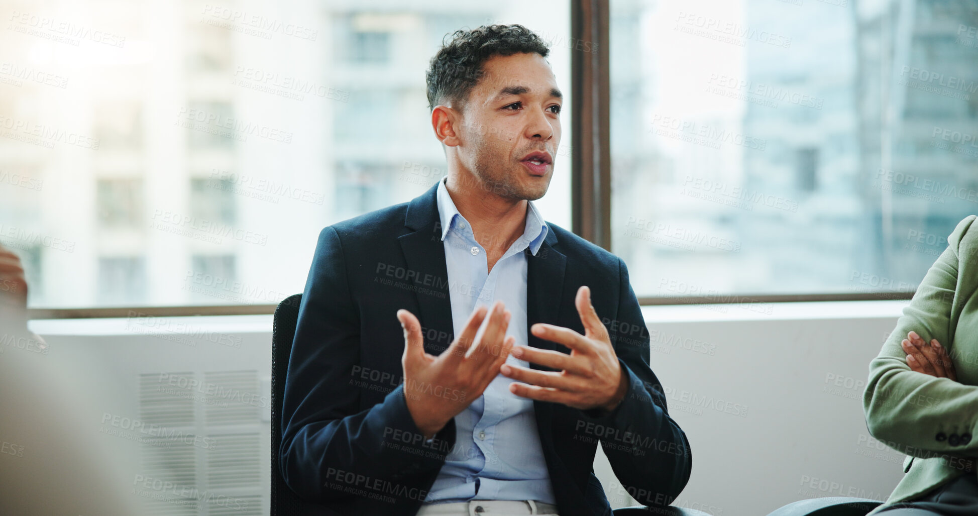 Buy stock photo Businessman, meeting and discussion with team for mental health, recovery or rehabilitation. Man, counseling and support group with employees for confession, work intervention or therapy session