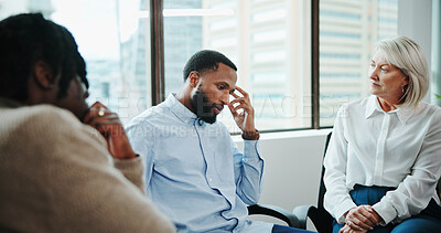 Buy stock photo Business people, meeting or support group with team at office for rehabilitation or counseling. Employees, colleagues or community with therapist for talk, consolidation or safe space at workplace