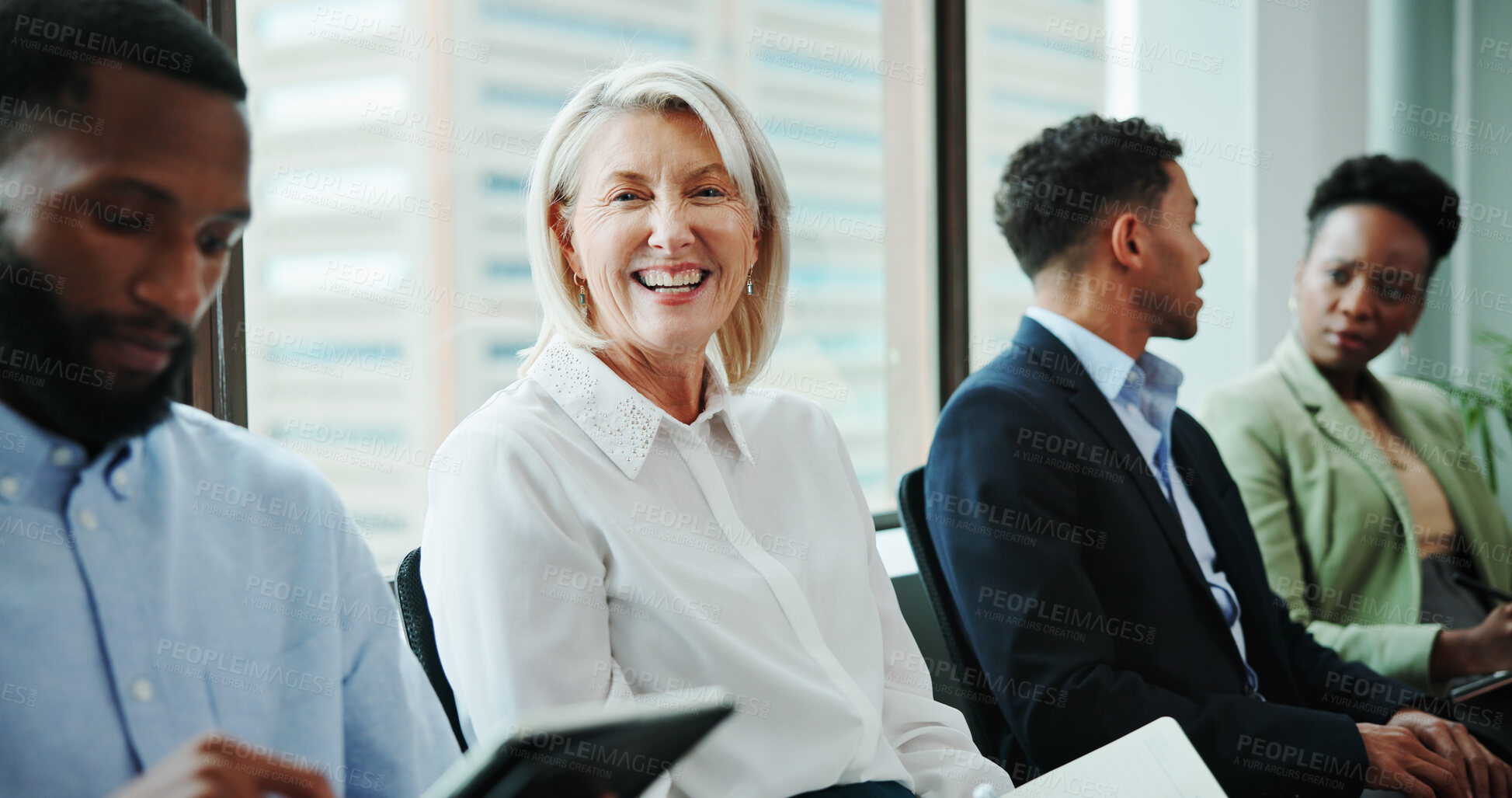 Buy stock photo Interview, waiting or mature businesswoman with smile in queue for hiring, CV or human resources. Resume, happy or line for recruitment process, employment documents or job application opportunity 