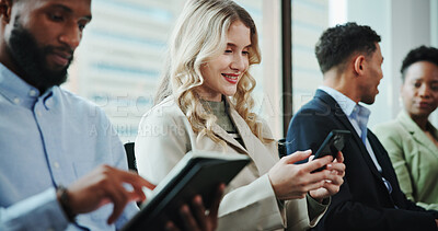 Buy stock photo Interview, waiting or businesswoman with phone in queue for hiring registration, application or human resources. Resume, mobile or line for recruitment, employment vacancy or job search opportunity 