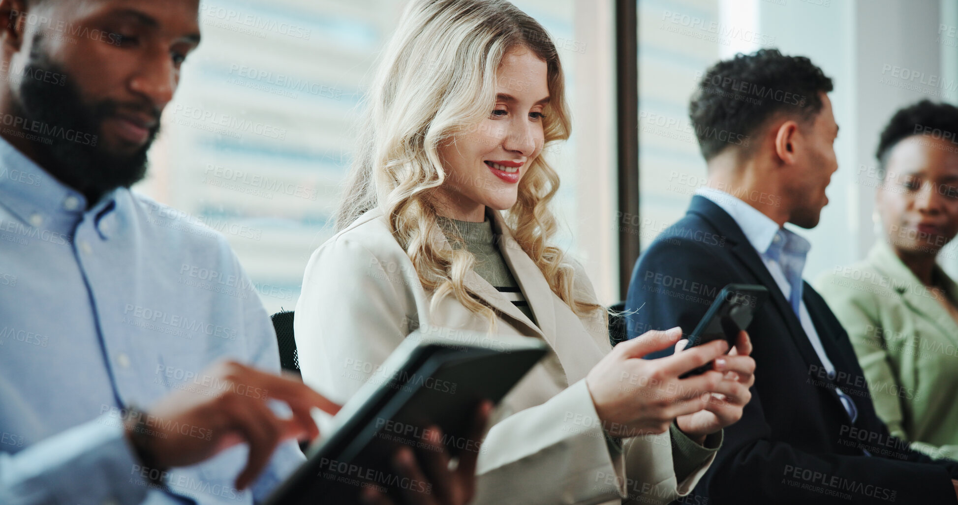 Buy stock photo Interview, waiting or businesswoman with phone in queue for hiring registration, application or human resources. Resume, mobile or line for recruitment, employment vacancy or job search opportunity 