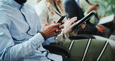 Buy stock photo Hands, waiting room or businessman with phone in queue for hiring registration, application or human resources. Resume, mobile or line for recruitment, employment vacancy or job search opportunity