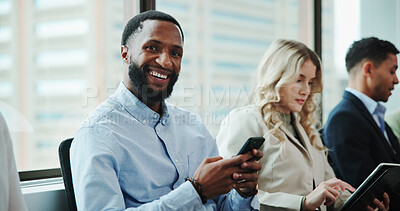 Buy stock photo Interview, waiting or portrait of happy businessman with phone in queue for hiring or human resources. Resume, mobile or line for recruitment process, employment vacancy or job application opportunity