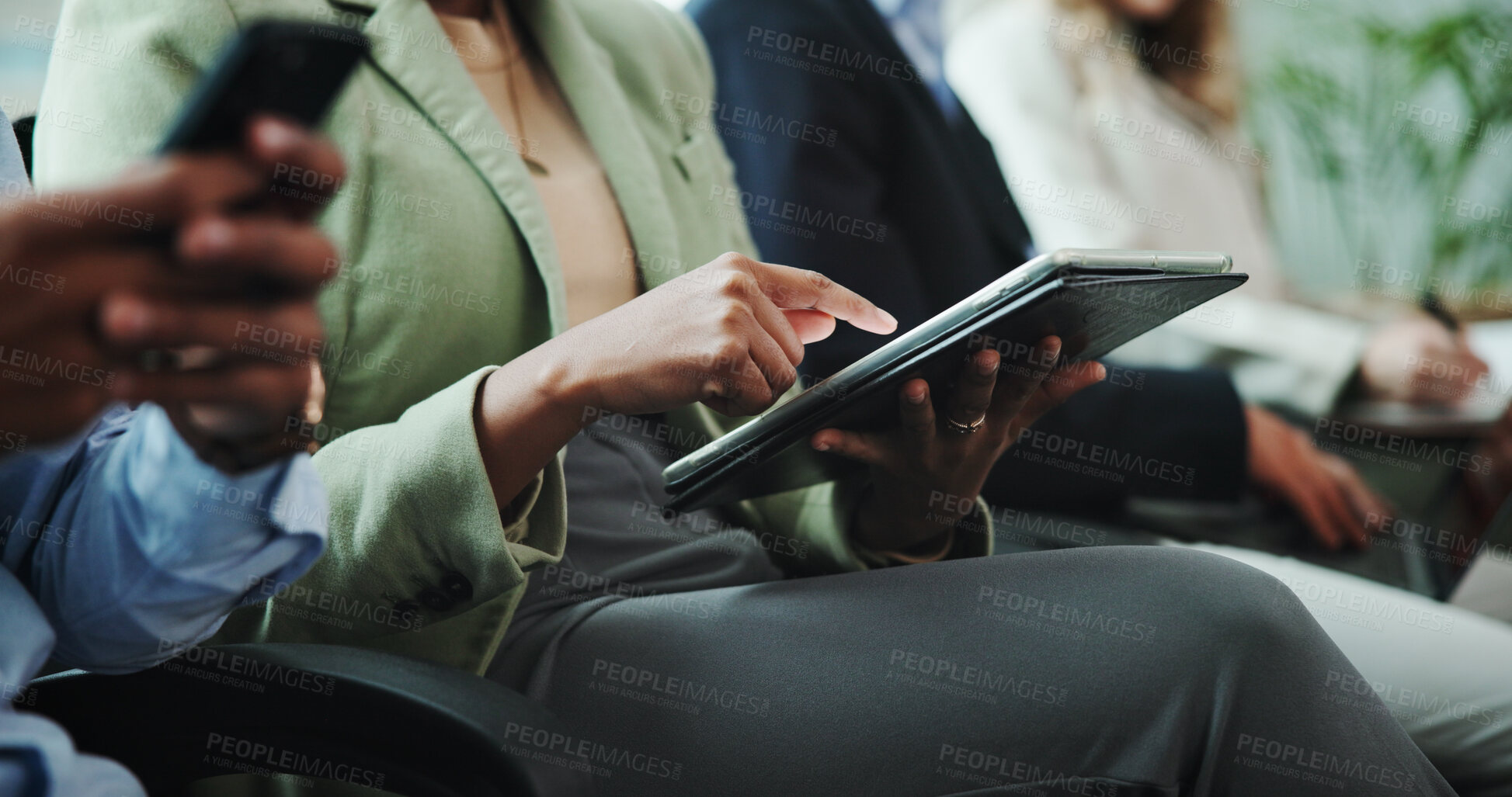 Buy stock photo Hands, waiting room or businessman with tablet in queue for hiring registration, application or human resources. Resume, mobile or line for recruitment, employment vacancy or job search opportunity