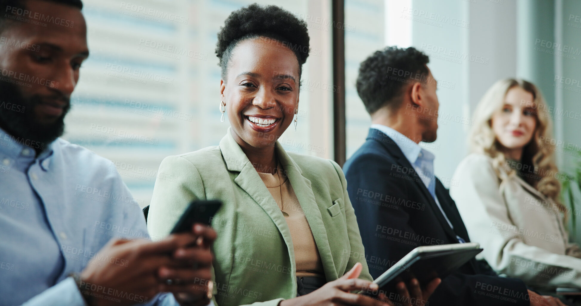 Buy stock photo Face, waiting room or businesswoman with tablet in queue for hiring registration, application or human resources. Resume, smile or line for recruitment, employment vacancy or job search opportunity