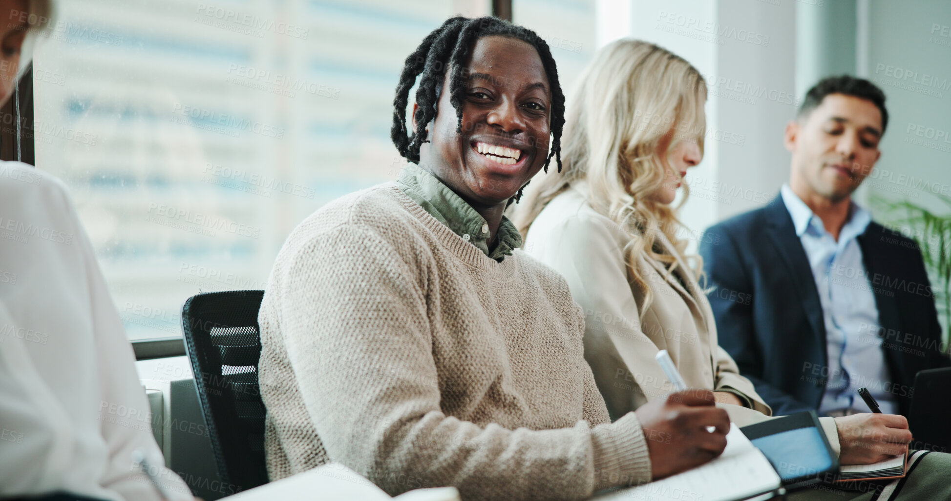 Buy stock photo Interview, book or portrait of businessman in waiting room for hiring, CV info or human resources. Resume, writing or line for recruitment process, employment documents or job application opportunity